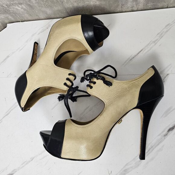 L.A.M.B Gwen Stefani 8 Chiba Tan & Black Leather Peeptoe Lace Up Pumps Heels - Picture 5 of 10